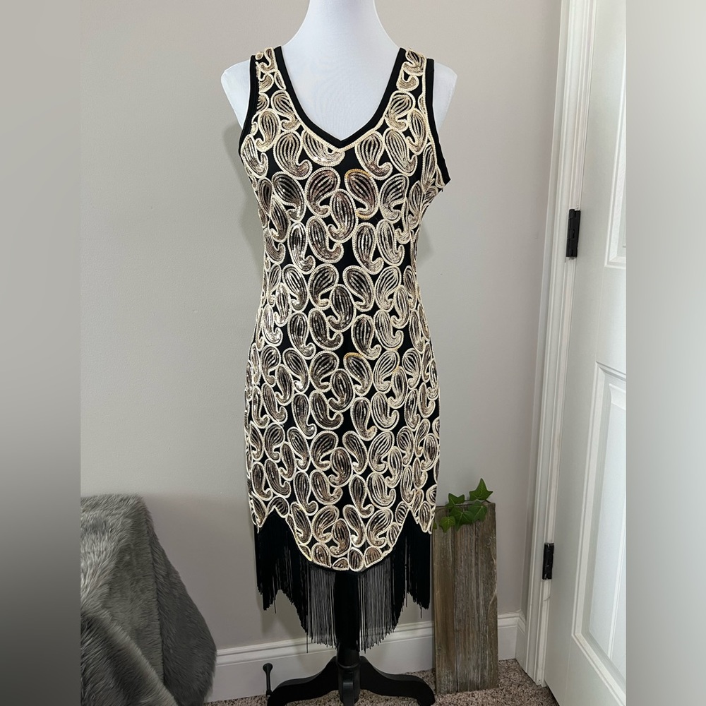Gold Sequins Paisley Design Black Fringe Flapper Dress